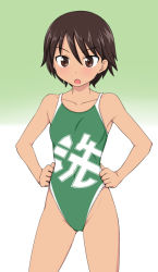Rule 34 | 10s, 1girl, :o, brown eyes, brown hair, collarbone, competition swimsuit, cowboy shot, girls und panzer, hands on own hips, isobe noriko, one-piece swimsuit, open mouth, short hair, standing, swimsuit, tanaka rikimaru