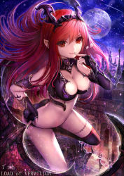 Rule 34 | 1girl, armlet, black gloves, breasts, bridal gauntlets, finger to mouth, floating hair, gloves, hair between eyes, hisahisahisahisa, horns, leaning forward, long hair, looking at viewer, lord of vermilion, lord of vermilion iii, moon, original, pointy ears, red eyes, red hair, solo, succubus (lord of vermilion), thighhighs