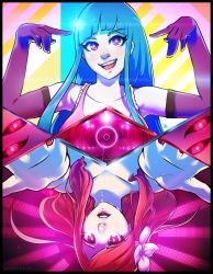 Rule 34 | 2girls, aurahack, blue hair, breasts, collarbone, elbow gloves, flower, foreshortening, gloves, hair flower, hair ornament, hana (me!me!me!), highres, large breasts, lens flare, lips, me!me!me!, meme (me!me!me!), multiple girls, open hands, open mouth, outstretched arms, pink eyes, purple eyes, purple gloves, red hair, smile, symmetry, upside-down