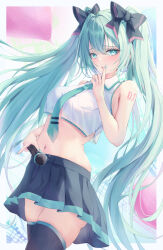 Rule 34 | 1girl, :o, ass, bare shoulders, black bow, black skirt, blue eyes, blue hair, blue nails, blue necktie, blush, boots, bow, breasts, collared shirt, commentary request, cropped shirt, finger to mouth, frilled shirt, frills, hair between eyes, hair bow, hatsune miku, highres, holding, holding microphone, long hair, medium breasts, microphone, midriff, miniskirt, nail polish, navel, necktie, number tattoo, pennosuke, pleated skirt, shirt, shoulder tattoo, skindentation, skirt, sleeveless, sleeveless shirt, small breasts, solo, tattoo, thigh boots, thighs, twintails, upskirt, very long hair, vocaloid