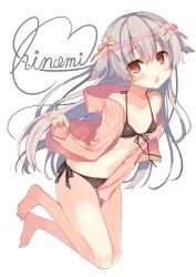 Rule 34 | 1girl, absurdres, bare legs, bare shoulders, barefoot, bikini, black bikini, blush, cardigan, character name, collarbone, commentary request, fang, front-tie top, hair ornament, hair ribbon, hairclip, highres, hinomi (hisaka hazara), hisaka hazara, long hair, looking at viewer, navel, open cardigan, open clothes, open mouth, original, red eyes, ribbon, side-tie bikini bottom, silver hair, sleeves past wrists, solo, swimsuit, two side up