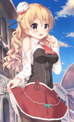 Rule 34 | 10s, 1girl, absurdres, blonde hair, braid, breasts, cloud, day, ezoshika gg, french braid, hat, highres, italy, kantai collection, large breasts, long hair, miniskirt, open mouth, pantyhose, purple eyes, skirt, skirt hold, sky, smile, solo, wavy hair, zara (kancolle)