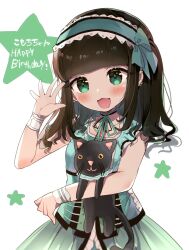 Rule 34 | 1girl, :3, :d, animal, animification, black cat, blunt bangs, brown hair, cat, character name, commentary request, cowboy shot, dress, green dress, green eyes, green hairband, green ribbon, hairband, hand up, happy birthday, highres, holding, holding animal, holding cat, idol clothes, lolita hairband, long hair, looking at viewer, nene komochi, open hand, open mouth, real life, renoa yu, ribbon, seireki13ya, simple background, sleeveless, sleeveless dress, smile, solo, standing, star (symbol), translation request, white background, wrist cuffs