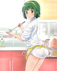Rule 34 | 1girl, apron, bad id, bad pixiv id, blush, bottomless, cooking, dress shirt, green hair, hairband, idolmaster, idolmaster (classic), ladle, looking at viewer, mole, mole under mouth, no pants, otonashi kotori, plate, poponpin, red eyes, revision, shirt, short hair, sleeves rolled up, smile, solo, waist apron