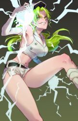 Rule 34 | 1girl, arm up, bare shoulders, belt, black belt, bleach, bleach: sennen kessen-hen, breasts, candice catnipp, cleavage, cowboy shot, crop top, elbow gloves, electricity, electrokinesis, energy ball, gloves, gradient background, green eyes, green hair, grin, hair intakes, hat, lapels, large breasts, long hair, looking at viewer, midriff, military hat, navel, notched lapels, peaked cap, quincy (bleach), shirt, short shorts, shorts, smile, solo, soraao0322, sternritter, thighs, wandenreich uniform, white gloves, white shirt, white shorts
