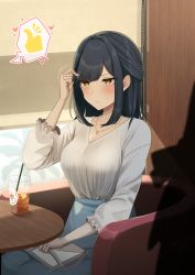Rule 34 | 1girl, absurdres, bag, black hair, blouse, blue skirt, blush, breasts, cafe, chair, cup, curtains, dating, disposable cup, drinking straw, frilled sleeves, frills, furune emu, hair intakes, half updo, handbag, heart, highres, jewelry, large breasts, light smile, necklace, original, restaurant, shirt, sitting, skirt, solo focus, swept bangs, table, tea, thumbs up, white shirt, yellow eyes