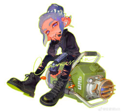 Rule 34 | 1boy, absurdres, armored gloves, black coat, black footwear, black pants, boots, closed mouth, coat, commission, creamyghost, engine, fingerless gloves, full body, gloves, hair bun, hand up, highres, long sleeves, looking at viewer, male focus, nintendo, octoling, octoling boy, octoling player character, outline, pants, purple eyes, purple hair, shoelaces, short hair, sidelocks, simple background, sitting, solo, splatoon (series), splatoon 3, tentacle hair, torn clothes, torn pants, watermark, weibo logo, weibo watermark, white background, yellow outline
