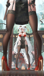 Rule 34 | 1girl, absurdly long hair, absurdres, aegir (azur lane), aegir (golden dragon among auspicious clouds) (azur lane), arms behind back, ass, azur lane, bare shoulders, between legs, black dress, black gloves, black thighhighs, breasts, cellphone, china dress, chinese clothes, chinese commentary, cleavage, commentary request, copyright name, demon horns, dress, folding fan, from below, full body, garter belt, gloves, hair between eyes, hand fan, high heels, highres, holding, holding fan, holding phone, horn ornament, horns, jfzm001, kneepits, large breasts, legs, long hair, looking at mirror, looking at viewer, lower body, manjuu (azur lane), mirror, mixed-language commentary, multicolored hair, official alternate costume, parted lips, partial commentary, phone, plant, potted plant, red footwear, red hair, reflective floor, sidelocks, smartphone, solo focus, standing, streaked hair, tassel, thighhighs, two-tone hair, very long hair, view between legs, white hair, yellow eyes