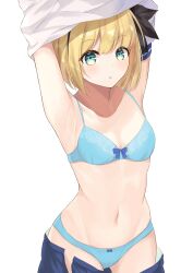 Rule 34 | 1girl, absurdres, armpits, arms up, black ribbon, blonde hair, blue bra, blue panties, blue skirt, bob cut, bow, bow bra, bow panties, bra, breasts, clothes lift, clothes pull, cowboy shot, green eyes, hair ribbon, highres, lifted by self, looking at viewer, navel, open clothes, open skirt, original, panties, parted lips, pleated skirt, ribbon, salve (lindasakura), school uniform, shirt, shirt lift, short hair, simple background, skirt, skirt pull, small breasts, solo, standing, underwear, undressing, white background, white shirt