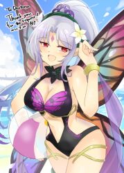 Rule 34 | 1girl, ball, bare shoulders, beachball, fairy, fairy wings, fire emblem, grey hair, high ponytail, long hair, looking at viewer, nintendo, plumeria (fire emblem), pointy ears, red eyes, swimsuit, wings, yukia (firstaid0)