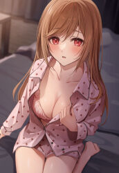 Rule 34 | 1girl, barefoot, bed sheet, blurry, blurry background, bra, breasts, brown hair, buttons, cleavage, collared shirt, commentary, curtains, feet, hair between eyes, hand up, highres, holding, indoors, large breasts, light particles, long hair, long sleeves, looking at viewer, on bed, original, pajamas, parted lips, partially unbuttoned, pink bra, pink pajamas, pink shorts, red eyes, second-party source, shirt, short shorts, shorts, sidelocks, sitting, sleepwear, solo, swept bangs, thighs, toes, underwear, zattape