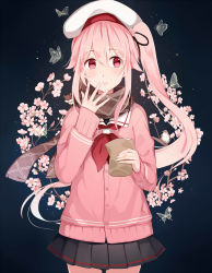 Rule 34 | 10s, 1girl, :t, animal, animal on shoulder, bag, beret, bird, black skirt, blue background, blush, branch, bug, butterfly, buttons, cardigan, cherry blossoms, cowboy shot, eating, floral background, flower, gradient background, hair ornament, hair ribbon, harusame (kancolle), hat, highres, holding, insect, jiman, kantai collection, long hair, long sleeves, looking to the side, miniskirt, paper bag, pink eyes, pink hair, plaid, plaid scarf, pleated skirt, red eyes, ribbon, scarf, school uniform, serafuku, side ponytail, skirt, solo, spread fingers, squiggle