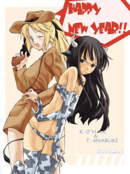 Rule 34 | 00s, 2girls, anabuki tomoko, animal ears, animal print, black hair, blonde hair, cow print, cowboy hat, cowboy western, cowgirl (western), elbow gloves, english text, gloves, hat, horns, katharine ohare, multiple girls, new year, strike witches, strike witches: suomus misfits squadron, takano natsuki, thighhighs, world witches series