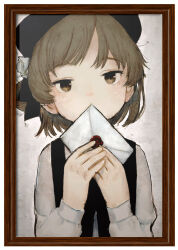 Rule 34 | 1girl, beret, black hat, black ribbon, border, brown eyes, brown hair, commentary request, covering own mouth, envelope, flower, framed, grey background, grey shirt, hair flower, hair ornament, hair ribbon, half-closed eyes, hands up, hat, hatoba tsugu, head tilt, highres, holding, holding envelope, jippu (45fun), long sleeves, looking at viewer, mole, mole under eye, own hands together, raised eyebrows, ribbon, rose, shirt, short hair, solo, straight-on, suspenders, tsugu (vtuber), upper body, virtual youtuber, wax seal, white border, white flower, white rose
