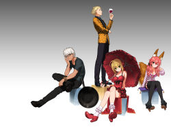 Rule 34 | 10s, 2boys, 2girls, ;), ahoge, alcohol, animal ears, animal print, archer (fate), bare shoulders, black legwear, blonde hair, breasts, cleavage, crossed legs, cup, dress, drinking glass, fate/extra, fate (series), fox ears, fox tail, frilled dress, frills, frying pan, gilgamesh (fate), gradient background, green eyes, hair slicked back, high heels, highres, ikesin, ikezawa shin, leopard print, looking at viewer, multiple boys, multiple girls, nero claudius (fate), nero claudius (fate) (all), nero claudius (fate/extra), official alternate costume, one eye closed, pink hair, red dress, red eyes, silver hair, sitting, smile, standing, striped, tail, tamamo no mae (fate/extra), tamamo no mae (spring casual) (fate), thighhighs, v, wine, wine glass, yellow eyes, zettai ryouiki