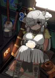 Rule 34 | 1girl, ahoge, animal ears, black horns, boots, bowl, breasts, cup, day, dress, drink, from above, gloves, grey hair, grey horns, hair over one eye, highres, horns, indoors, kemono friends, knees up, large breasts, long bangs, long hair, looking at viewer, multicolored horns, ox ears, ox girl, ox horns, rinx, shirt, short sleeves, sitting, smile, solo, steam, tail, very long hair, white dress, window, yak (kemono friends), yellow shirt