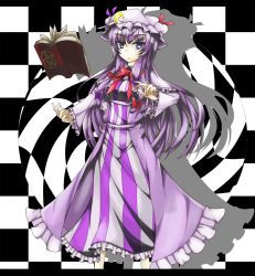 Rule 34 | 1girl, :&lt;, akisome hatsuka, blue eyes, book, bow, capelet, checkered background, crescent, female focus, hair ribbon, hat, hatsuka (exsilver), letterboxed, long hair, patchouli knowledge, pentagram, purple hair, ribbon, silhouette, solo, touhou