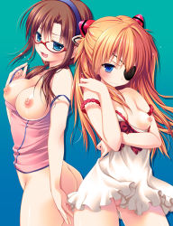 Rule 34 | 2girls, blue eyes, blush, breasts, brown hair, character request, eyepatch, female focus, gainax, glasses, kino konomi, konomi (kino konomi), long hair, looking at viewer, multiple girls, neon genesis evangelion, nipples, no panties, open mouth, red hair, smile, twintails