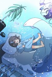 Rule 34 | 1girl, absurdres, afloat, air bubble, alarm clock, aquarium, bare legs, barefoot, bed sheet, blue shirt, blue theme, blush, brown hair, bubble, cellphone, clock, closed eyes, commentary, fish, fish hair ornament, full body, hair ornament, highres, indoors, kani aji, listening to music, long sleeves, mattress, medium hair, no nose, open mouth, original, phone, pillow, plant, potted plant, shark, shirt, smartphone, solo, submerged, under covers, underwater
