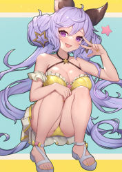 Rule 34 | 1girl, absurdly long hair, ahoge, animal ears, ass, bare shoulders, breasts, cleavage, collarbone, double bun, erune, granblue fantasy, hair bun, halterneck, highres, large breasts, light purple hair, long hair, looking at viewer, low twintails, nail polish, open mouth, purple eyes, purple hair, sandals, satyr (granblue fantasy), smile, solo, squatting, star (symbol), swimsuit, thighs, toenail polish, toenails, toes, twintails, uneg, very long hair, w, yellow nails