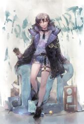 Rule 34 | 1boy, bishounen, black coat, black footwear, black hair, coat, collar, commentary, denim, denim shorts, earrings, full body, guitar, hair between eyes, hair ornament, hairclip, highres, holding, holding guitar, holding instrument, holostars, hood, instrument, jacket, jewelry, kanade izuru, light particles, lightning bolt, lightning bolt hair ornament, lightning bolt symbol, looking at viewer, male focus, o-ring strap, open clothes, open coat, purple eyes, shirt, short hair, shorts, solo, speaker, spiked collar, spikes, standing, thigh strap, virtual youtuber, zan (5062316)