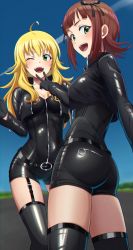 Rule 34 | 2girls, ahoge, alternate costume, amami haruka, ass, belt, belt buckle, biker clothes, bikesuit, black jacket, black legwear, black shirt, blonde hair, blunt bangs, blurry, blurry background, blush, bodysuit, breasts, brown hair, buckle, cleavage, collarbone, covered navel, cowboy shot, cropped jacket, from behind, from below, garter straps, glint, gloves, green eyes, hair between eyes, highres, hoshii miki, idolmaster, idolmaster (classic), idolmaster million live!, jacket, large breasts, long hair, long sleeves, looking at viewer, looking back, matching outfits, medium breasts, medium hair, multiple girls, ogi non, one eye closed, open mouth, outdoors, popped collar, racetrack, shiny clothes, shirt, short shorts, shorts, sidelocks, skin tight, sky, smile, thighhighs, thighs, v, v over mouth, wide hips