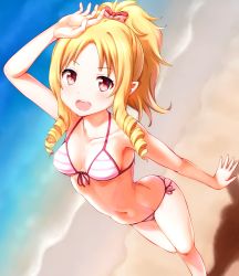 Rule 34 | 10s, 1girl, :d, arm up, bare shoulders, beach, bikini, blonde hair, blush, bow, breasts, day, drill hair, drill sidelocks, eromanga sensei, faubynet, full body, groin, hair bow, has bad revision, has downscaled revision, highres, hip focus, long hair, looking at viewer, md5 mismatch, medium breasts, navel, open mouth, outdoors, ponytail, red eyes, resolution mismatch, shadow, sidelocks, smile, solo, source smaller, standing, striped bikini, striped clothes, swimsuit, underboob, yamada elf
