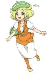 Rule 34 | 1girl, bag, bianca (pokemon), blonde hair, breasts, character name, commentary request, creatures (company), decilitre, dress, full body, game freak, green eyes, green hat, hat, medium hair, nintendo, open mouth, orange pantyhose, pantyhose, pokemon, pokemon bw, shoulder bag, simple background, solo, white background