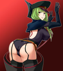 Rule 34 | 10s, 1girl, against wall, amaron, arched back, ass, back, bent over, boots, breasts, brown eyes, elbow gloves, covered erect nipples, garter belt, gloves, green hair, hat, impossible clothes, impossible shirt, large breasts, long hair, looking back, red background, shirt, smile, solo, star driver, suspenders, thigh boots, thighhighs, watanabe kanako
