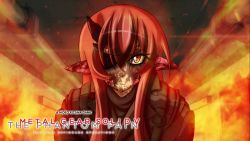 Rule 34 | 10s, 1girl, crossover, english text, eyepatch, gradient background, lamia, long hair, metal gear (series), metal gear solid v: the phantom pain, miia (monster musume), monster girl, monster musume no iru nichijou, pointy ears, red hair, solo, venom snake, yellow eyes