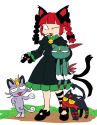 Rule 34 | 1girl, :3, alolan form, alolan meowth, animal ears, animal hands, black bow, black footwear, bow, cat ears, cat paws, creatures (company), crossover, fang, furukawa (yomawari), game freak, gen 2 pokemon, gen 7 pokemon, grass, hair bow, hand on own hip, holding, juliet sleeves, litten, long sleeves, looking at another, nintendo, no nose, one eye closed, open mouth, pokemon, pokemon (creature), puffy sleeves, sneasel, standing, touhou, white background
