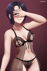 Rule 34 | 1girl, absurdres, bare shoulders, black hair, black panties, blush, bra, breasts, brikot, cleavage, commission, commissioner upload, creidne (fire emblem), embarrassed, fire emblem, fire emblem: genealogy of the holy war, hand on own face, highres, lace, lingerie, looking at viewer, medium breasts, navel, nintendo, panties, peeking through fingers, purple eyes, see-through, short hair, simple background, solo, underwear, underwear only, wavy mouth