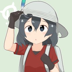 Rule 34 | 10s, 1girl, backpack, bad id, bad pixiv id, bag, black eyes, black gloves, black hair, blush, bucket hat, collarbone, feathers, gloves, hat, hat feather, kaban (kemono friends), kemono friends, looking at viewer, meiji (meizi493), parted lips, red shirt, shirt, short hair, short sleeves, solo, upper body