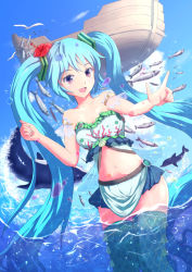 Rule 34 | 1girl, aqua hair, bird, boat, dolphin, fish, hatsune miku, knj, long hair, open mouth, orca, skirt, solo, thighhighs, twintails, very long hair, vocaloid, water