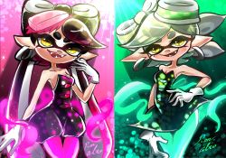Rule 34 | + +, 2girls, altoooooon, black dress, black hair, black jumpsuit, breasts, callie (splatoon), cleavage, commentary request, cousins, cowboy shot, dress, earrings, fangs, food, food on head, gloves, green legwear, grey hair, hand on own hip, highres, inkling, jewelry, jumpsuit, light particles, long hair, looking at viewer, marie (splatoon), mask, medium breasts, medium hair, mole, mole under eye, multiple girls, nintendo, object on head, open mouth, pantyhose, pointy ears, purple hair, purple legwear, short dress, short jumpsuit, smile, sparkle, splatoon (series), standing, strapless, sushi, swept bangs, tentacle hair, very long hair, white gloves, yellow eyes