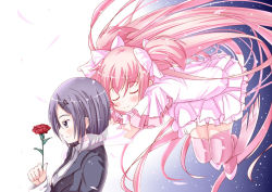 Rule 34 | 10s, 2girls, blazer, blush, bow, closed eyes, floating, flower, gloves, hair bow, hair ornament, hairclip, hug, hug from behind, jacket, kaname junko, kaname madoka, light particles, long hair, mad (hazukiken), mahou shoujo madoka magica, mahou shoujo madoka magica (anime), mother and daughter, multiple girls, pink hair, profile, purple eyes, purple hair, rose, short hair, short twintails, smile, space, spoilers, thighhighs, transparent, twintails, two side up, ultimate madoka, very long hair, zettai ryouiki
