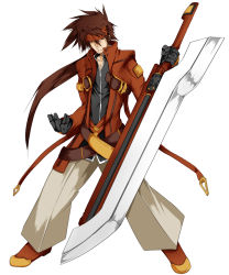 Rule 34 | 1boy, arc system works, blazblue, cosplay, costume switch, dokkanohukukaityou, guilty gear, highres, huge weapon, male focus, ragna the bloodedge, ragna the bloodedge (cosplay), sol badguy, solo, sword, weapon
