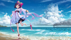 Rule 34 | 1girl, absurdres, azen huyue, barefoot, beach, blue sky, bow, chinese clothes, cloud, day, dress, full body, hair bow, hair ornament, hanfu, highres, jewelry, looking at viewer, ocean, open mouth, outdoors, purple eyes, purple hair, qixiong ruqun, ruqun, sand, short hair, sky, smile, solo, standing, standing on one leg, water, wide sleeves
