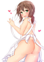 Rule 34 | 10s, 1girl, :d, apron, ass, bare arms, bare shoulders, blush, brown hair, fubuki (kancolle), green eyes, heart, highres, jewelry, kantai collection, naked apron, open mouth, pikacchi, ring, short hair, short ponytail, simple background, smile, solo, wedding band, white background