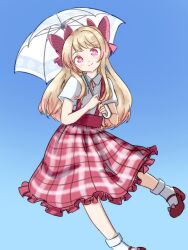 Rule 34 | 1girl, alternate costume, blonde hair, blue background, casual, chaos marie (grimms notes), gradient background, gradient hair, grimms notes, hair ribbon, heart, heart-shaped pupils, highres, holding, holding umbrella, kaataanuukii, long skirt, multicolored hair, pink eyes, red footwear, red ribbon, ribbon, shirt, shoes, skirt, smile, socks, solo, symbol-shaped pupils, umbrella, white shirt, white socks