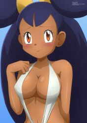 Rule 34 | 1girl, bare arms, bare shoulders, blue hair, blush, breasts, brown hair, cleavage, closed mouth, collarbone, commentary, covered erect nipples, creatures (company), dark-skinned female, dark skin, embarrassed, game freak, halterneck, hand up, highres, iris (pokemon), light smile, long hair, looking at viewer, medium breasts, nintendo, paid reward available, pokemon, pokemon bw, shiny skin, short twintails, simple background, slingshot swimsuit, smile, swimsuit, twintails, upper body, zel-sama