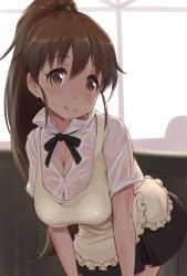 Rule 34 | 1girl, apron, blush, bra, breasts, brown eyes, brown hair, cleavage, female focus, hanging breasts, highres, large breasts, leaning forward, long hair, looking at viewer, open mouth, parted lips, ponytail, sagging breasts, see-through, shirt, simple background, skirt, smile, solo, sweat, taneshima popura, underwear, wa (genryusui), waitress, wet, wet clothes, wet shirt, working!!