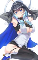 Rule 34 | 1girl, absurdres, arms behind head, arms up, black hair, black skirt, black thighhighs, blue bow, blue bowtie, blue eyes, blue footwear, blue hair, blush, boots, bow, bow earrings, bowtie, breasts, chain, chain headband, cleavage, closed mouth, detached sleeves, earrings, hair between eyes, hair intakes, halo, head chain, high heel boots, high heels, highres, hololive, hololive english, jewelry, large breasts, long sleeves, ouro kronii, shirt, short hair, simple background, skirt, solo, thighhighs, turtleneck, virtual youtuber, white background, white shirt, yahan (mctr5253), zipper
