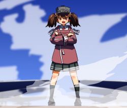 Rule 34 | 1girl, black skirt, blue sky, brown eyes, brown hair, cloud, commentary request, crossed arms, fang, full body, gunbuster pose, japanese clothes, kantai collection, kariginu, long hair, long sleeves, looking at viewer, namakura neo, open mouth, pleated skirt, ryuujou (kancolle), skirt, sky, smile, smoke, solo, twintails, visor cap