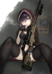 Rule 34 | 1girl, araido kagiri, ass, bad id, bad pixiv id, black gloves, black thighhighs, blurry, braid, breasts, cigarette, cleavage, cleavage cutout, cloak, clothing cutout, crop top, denim, denim shorts, depth of field, feet out of frame, fingerless gloves, gloves, green eyes, gun, gun request, hair over one eye, hand up, highres, holding, holding cigarette, holding gun, holding weapon, hood, hooded cloak, knees up, looking at viewer, manon chastel, midriff, navel, open fly, original, pink hair, red cloak, ribbed sweater, scope, short shorts, shorts, sidelocks, sitting, small breasts, smoking, solo, spread legs, sweater, thighhighs, wanted, weapon