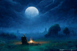 Rule 34 | 1boy, armor, artist name, building, bush, cloud, cloudy sky, commentary, deviantart logo, deviantart username, english commentary, fantasy, fire, fireplace, forest, full moon, geralt of rivia, grass, highres, instagram logo, instagram username, landscape, long hair, long sword, medieval, moon, nature, night, night sky, outdoors, scenery, silhouette, sitting, sky, solo, sword, the witcher (series), thefearmaster, tower, tree, twitter logo, twitter username, weapon, white hair, wide shot