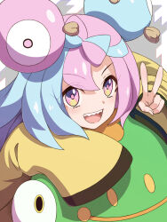 Rule 34 | 1girl, :d, aqua hair, bellibolt, bow-shaped hair, character hair ornament, commentary request, creatures (company), game freak, hair ornament, happy, highres, iono (pokemon), long sleeves, multicolored hair, nintendo, open mouth, pink eyes, pink hair, pink pupils, pokemon, pokemon (creature), pokemon sv, sekishoku manboo, smile, teeth, two-tone hair, upper teeth only, v