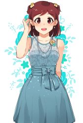 Rule 34 | 1girl, :d, aoba misaki, arm behind back, blue dress, blush, brown hair, dress, earrings, hair ornament, hand up, idolmaster, idolmaster million live!, idolmaster million live! theater days, jewelry, kamille (vcx68), medium hair, necklace, open mouth, red eyes, simple background, sleeveless, sleeveless dress, smile, solo, standing