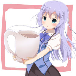 Rule 34 | 1girl, :o, aqua eyes, black skirt, blue bow, blue bowtie, blue hair, blue vest, bow, bowtie, breasts, coffee, collared shirt, commentary request, cowboy shot, cup, gochuumon wa usagi desu ka?, hair ornament, hairclip, highres, holding, kafuu chino, kugehi, light blue hair, long hair, looking at viewer, open mouth, oversized object, puffy short sleeves, puffy sleeves, rabbit house uniform, shirt, short sleeves, skirt, small breasts, solo, standing, two-tone background, vest, white shirt, wing collar, x hair ornament