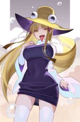 Rule 34 | 1girl, aged up, alternate breast size, blonde hair, breasts, brown hat, covered navel, cowboy shot, dress, falken (yutozin), hat, highres, large breasts, long hair, long sleeves, looking at viewer, moriya suwako, open mouth, purple dress, shirt, solo, thighhighs, tongue, tongue out, touhou, very long hair, white shirt, white thighhighs, wide sleeves, yellow eyes